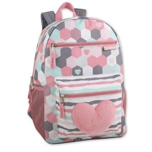 Hexagon Pattern Kids Backpack with Heart - Pink and Gray